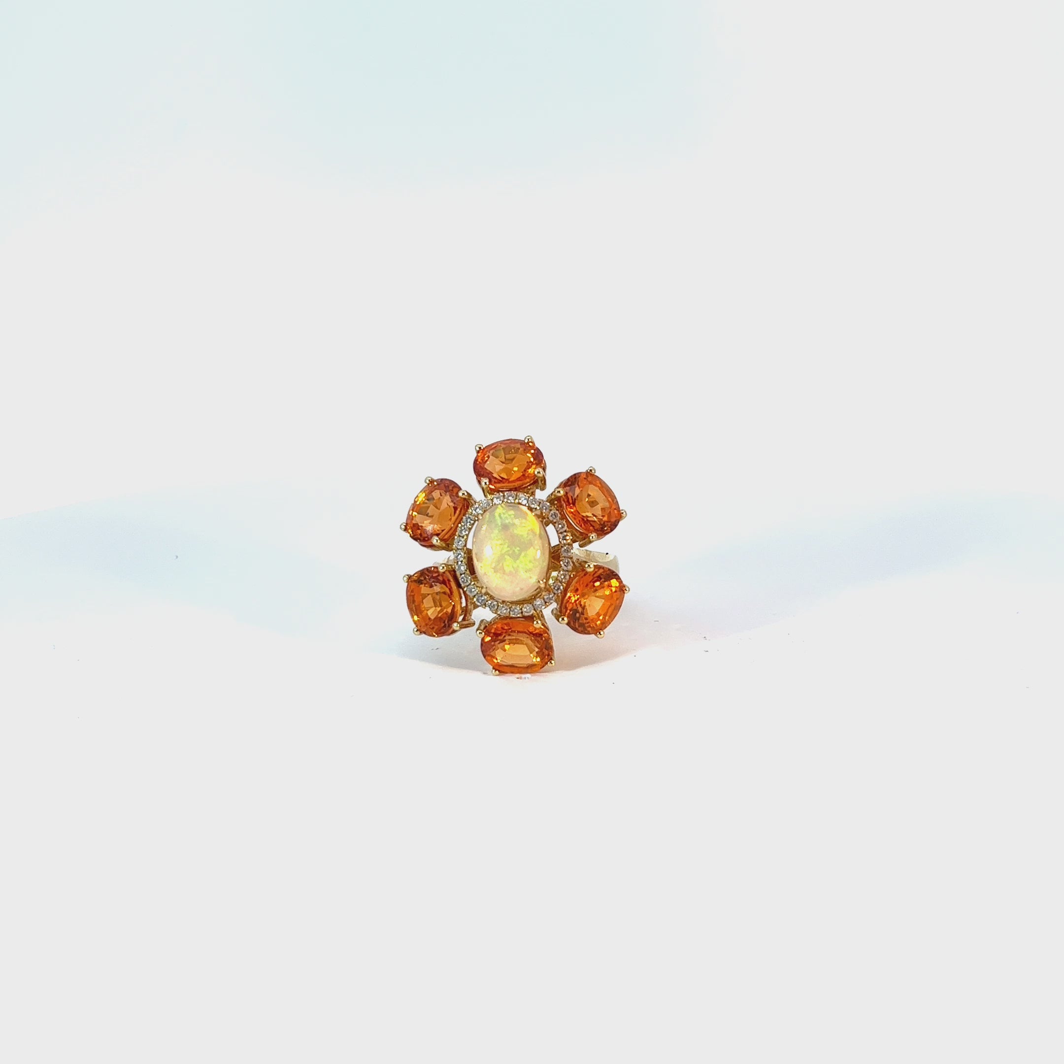 14k yellow gold 7.00ct Spessartine Garnet, 7.00ct Mexican Opal and .26ct Round Diamond  ring Size 7 Certified by GIA #2235490705