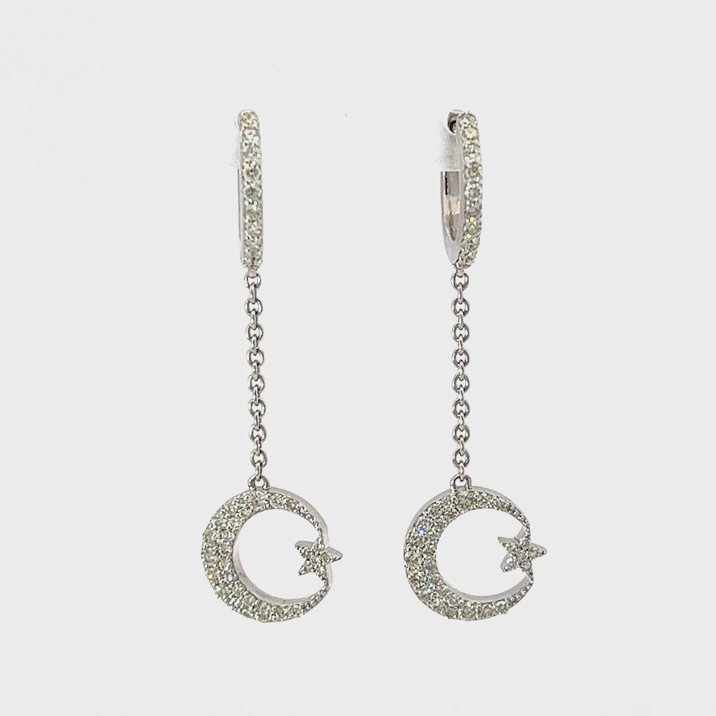 14k White Gold .75ct F VS2 Round Diamond Dangle Moon and Star Earrings
