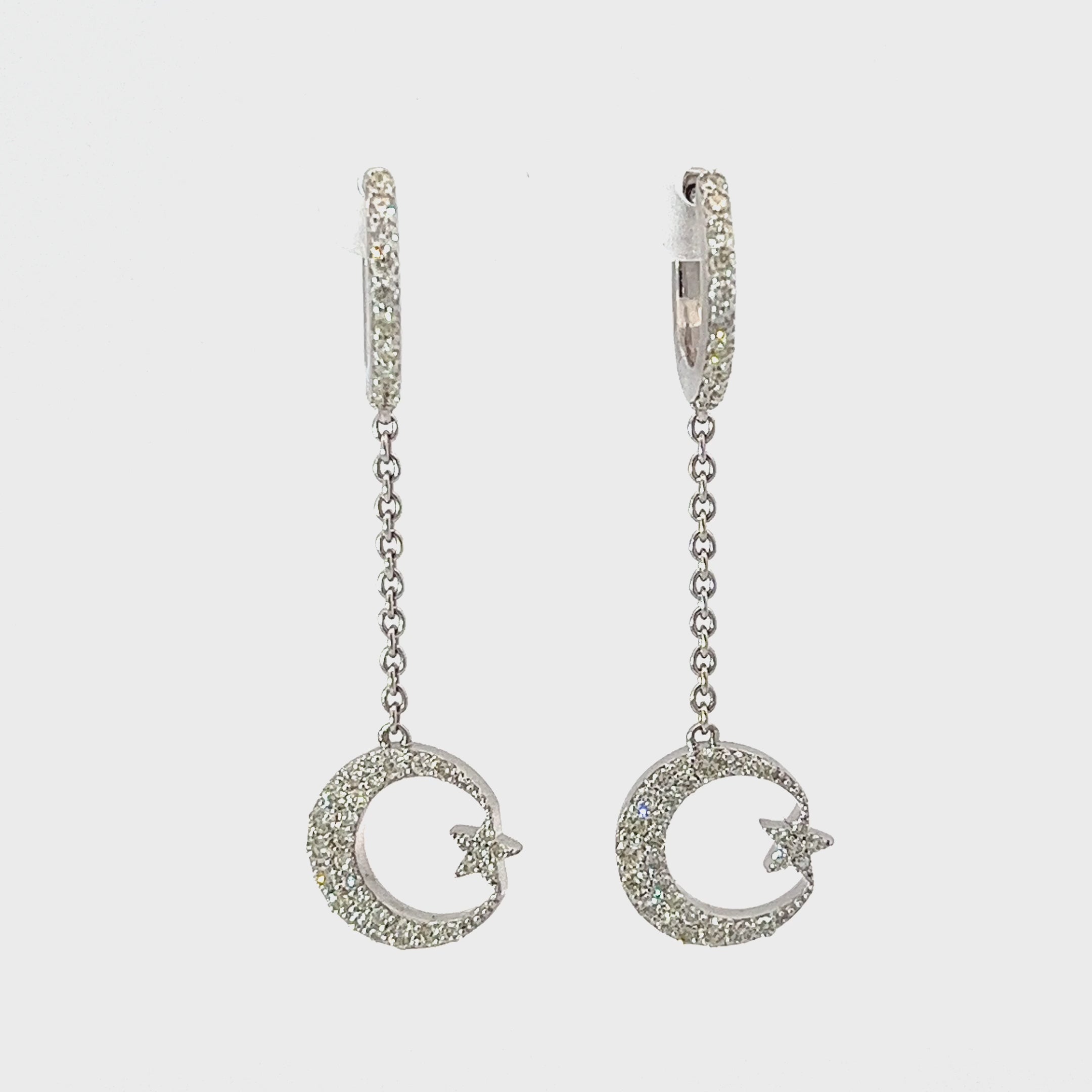 14k White Gold .75ct F VS2 Round Diamond Dangle Moon and Star Earrings