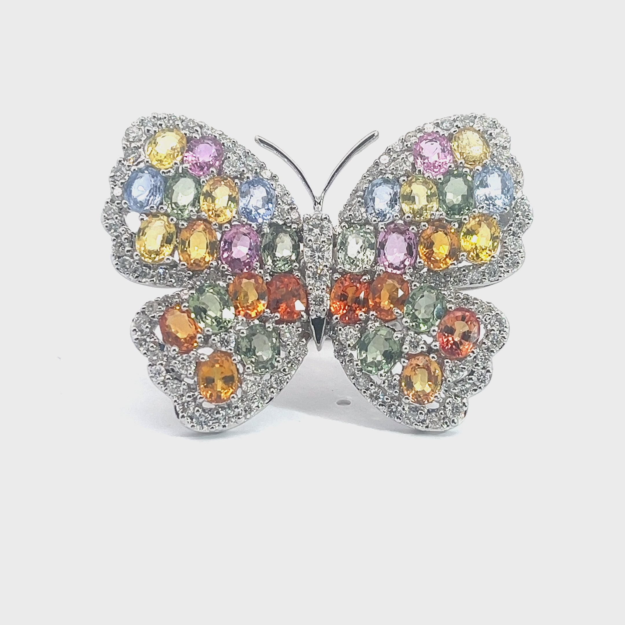 18k White Gold 13.42ct Multi Color Sapphire and 2.00ct E VS2 Round Diamond Large Butterfly Ring