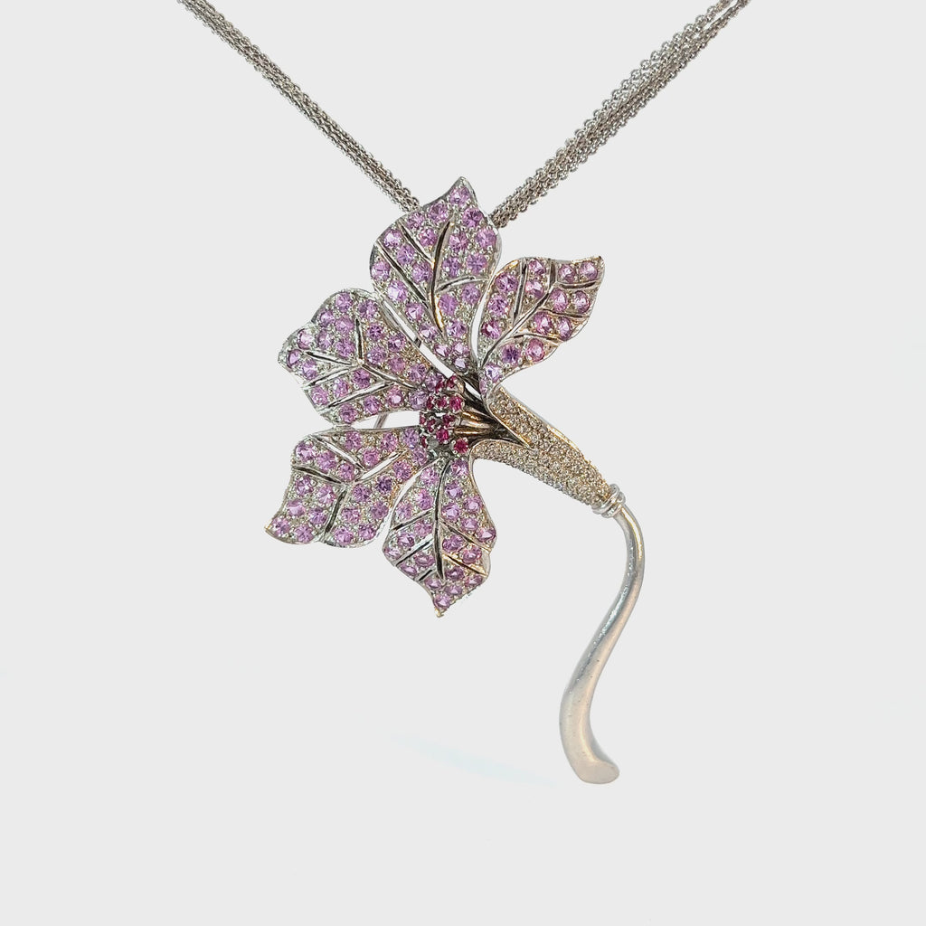 18k White Gold 3.70ct Round Pink Sapphire and .60ct G SI1 Round Diamond Necklace