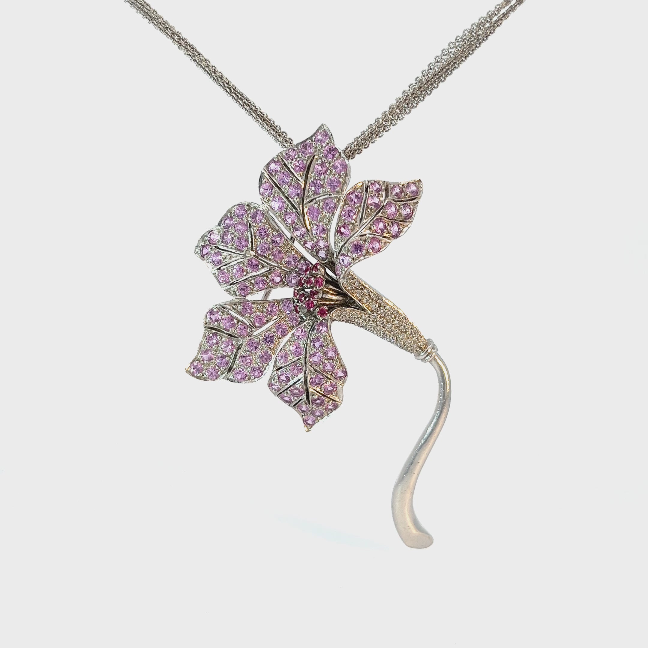 18k White Gold 3.70ct Round Pink Sapphire and .60ct G SI1 Round Diamond Necklace