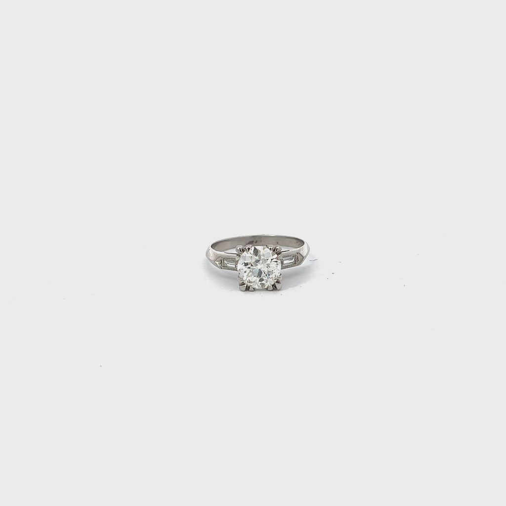 PLATINUM VINTAGE 1.58 CT K SI1 OLD MINE CUT AND .20CT BAGUETTE ENGAGEMENT RING CERFIED BY GIA # 2235074635