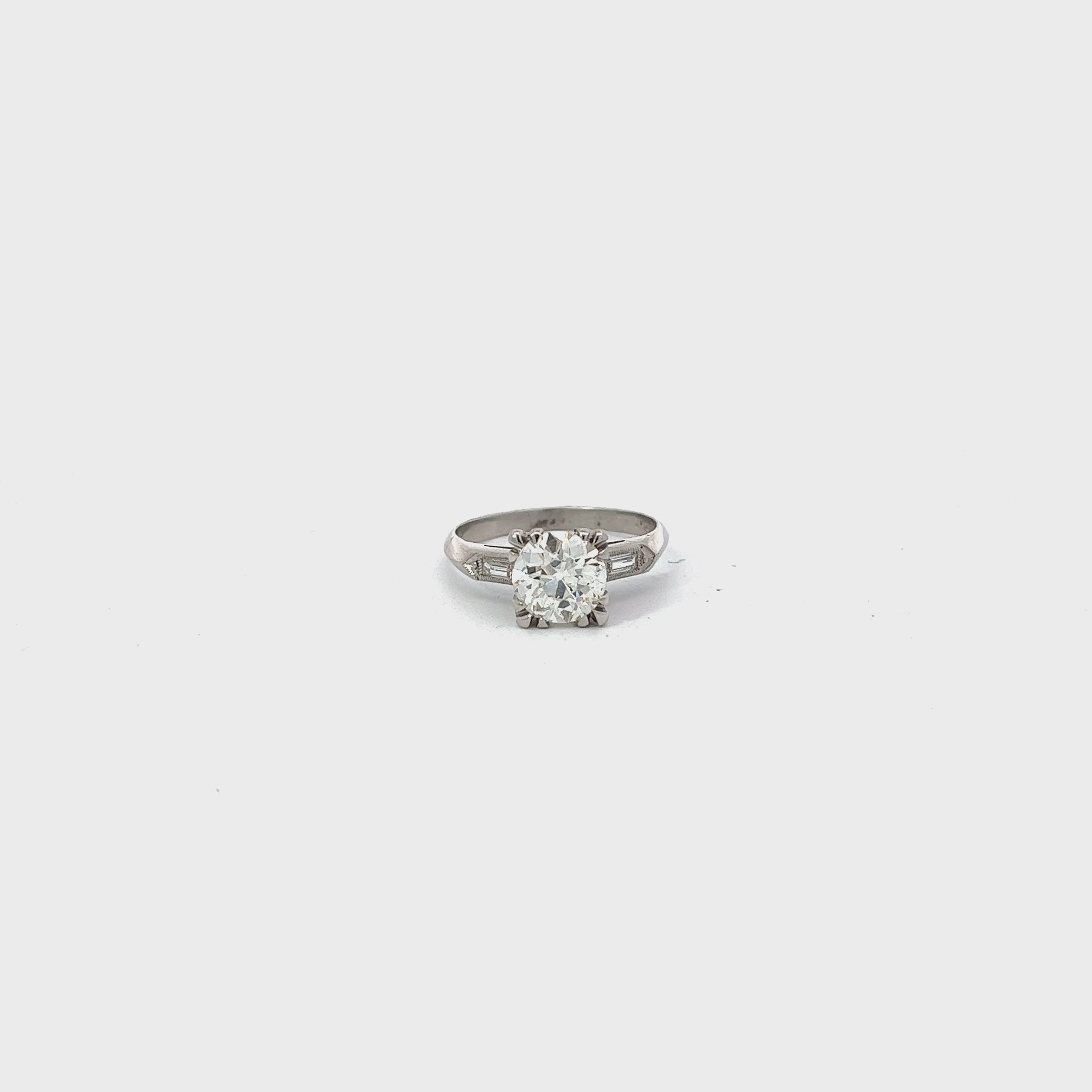 PLATINUM VINTAGE 1.58 CT K SI1 OLD MINE CUT AND .20CT BAGUETTE ENGAGEMENT RING CERFIED BY GIA # 2235074635