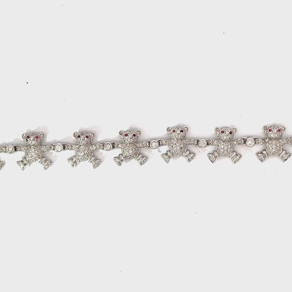 18k White Gold 4.30ct F VS2 Round Diamond and .30ct Round Ruby Teddy Bear Diamond Bracelet