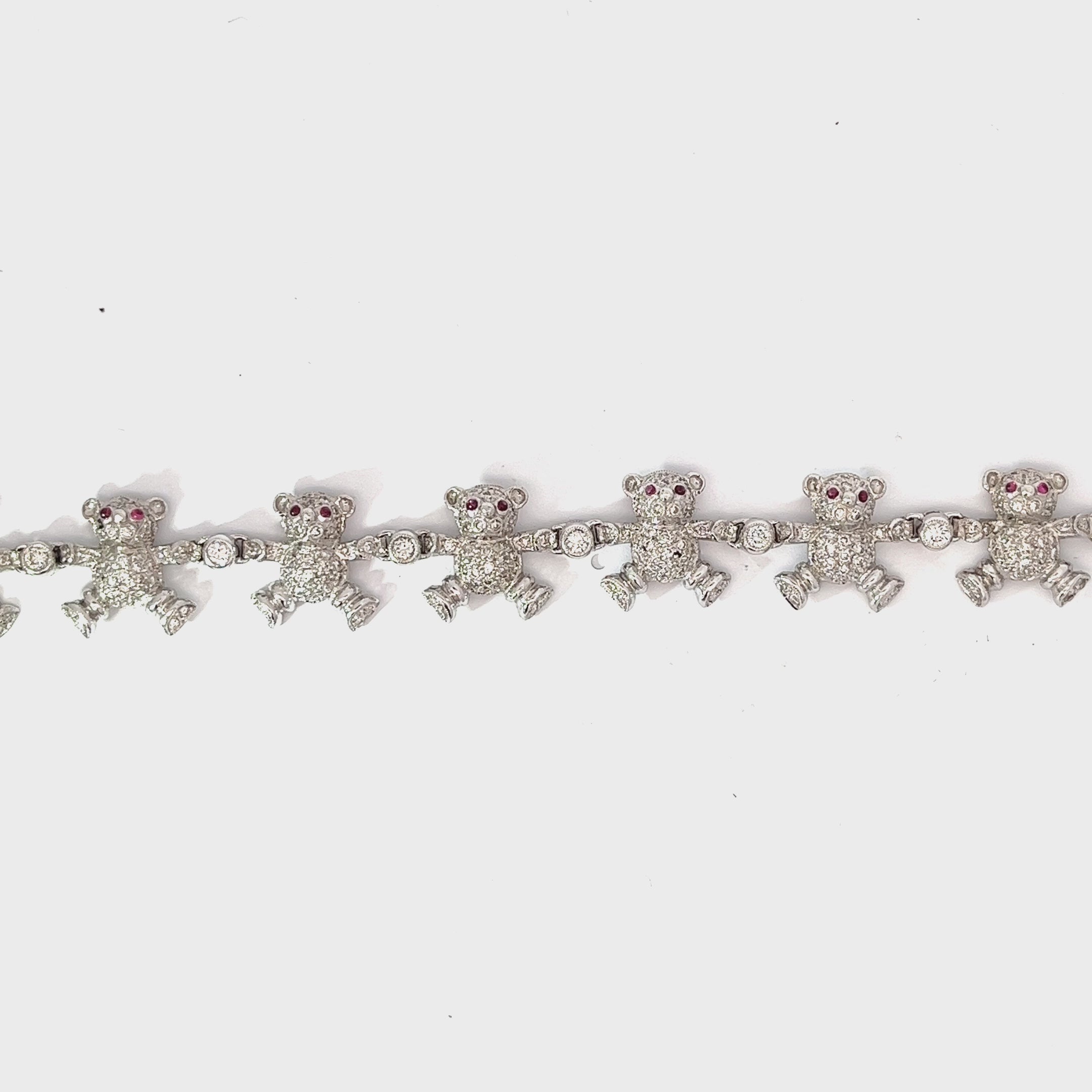 18k White Gold 4.30ct F VS2 Round Diamond and .30ct Round Ruby Teddy Bear Diamond Bracelet