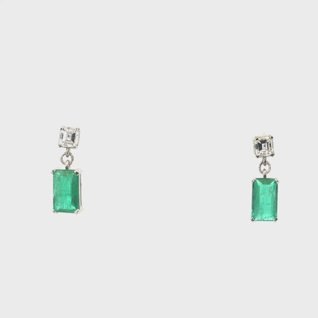 18k White Gold 1.88ct Emerald Rectangular Cut Shape/ .50ct F VS1 Asscher Cut Dangle Earrings