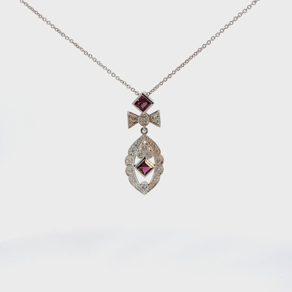 14k White Gold .35ct G VS2 Round Diamond and Princess Cut Garnet necklace