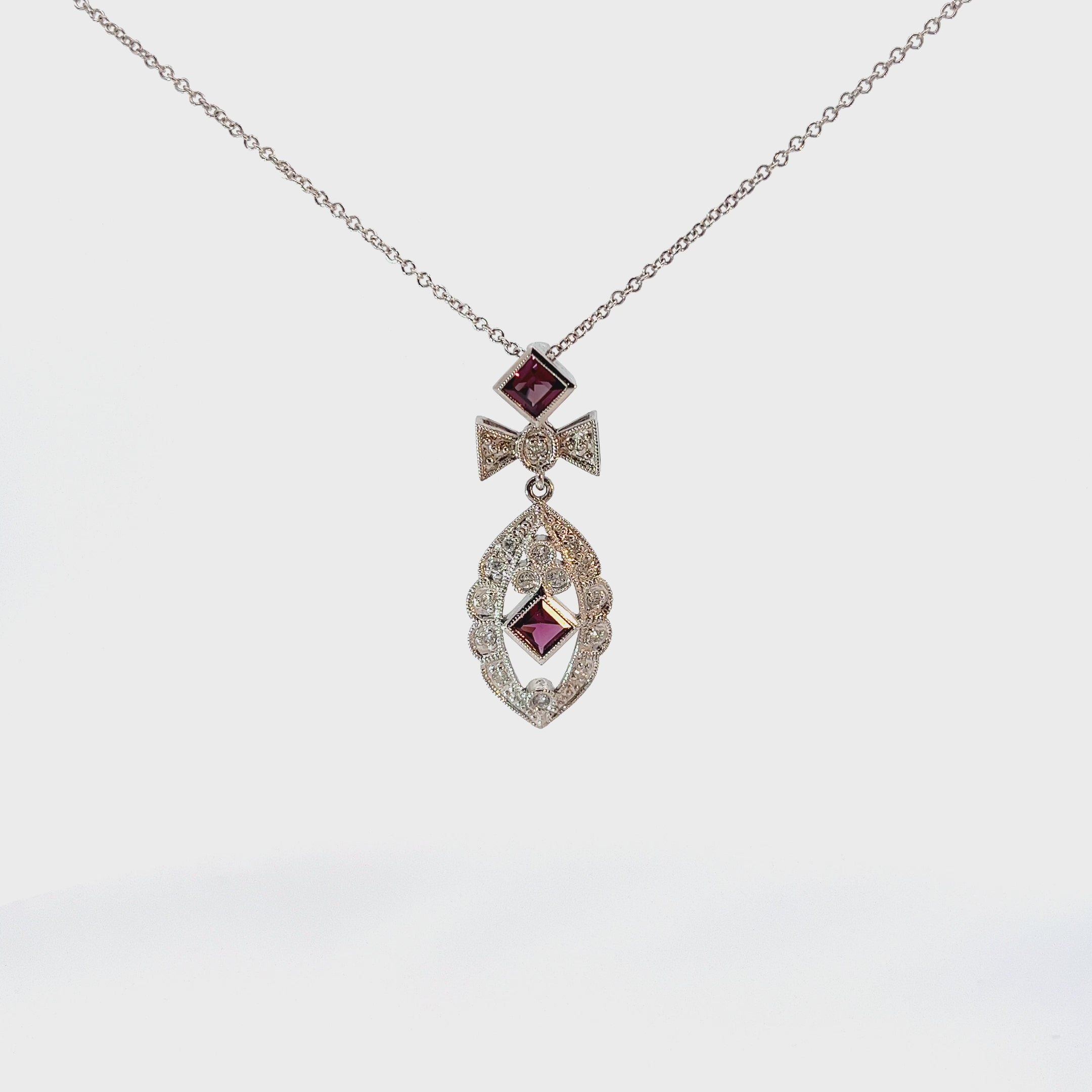 14k White Gold .35ct G VS2 Round Diamond and Princess Cut Garnet necklace