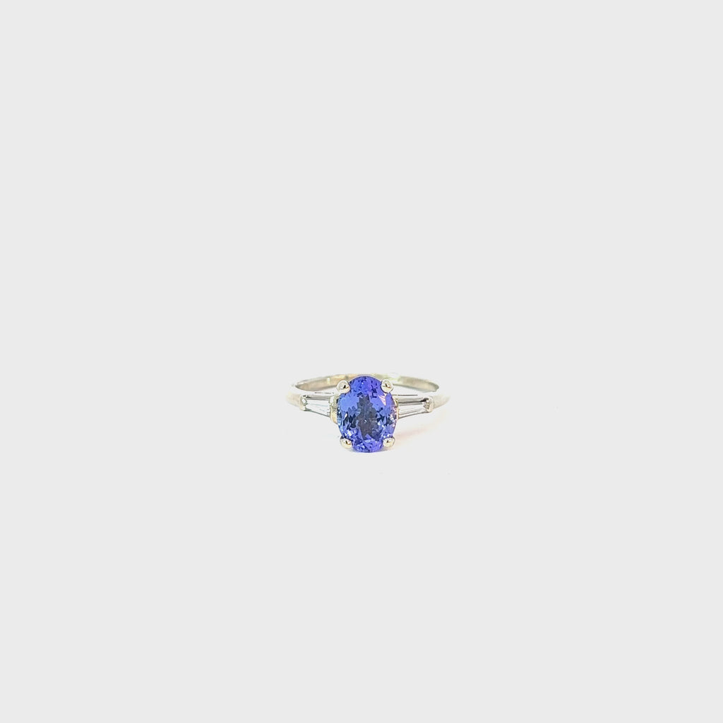 14k White Gold 1.88ct Oval-Cut AA Tanzanite and .25ct G VS2 Baguettes Diamond ring