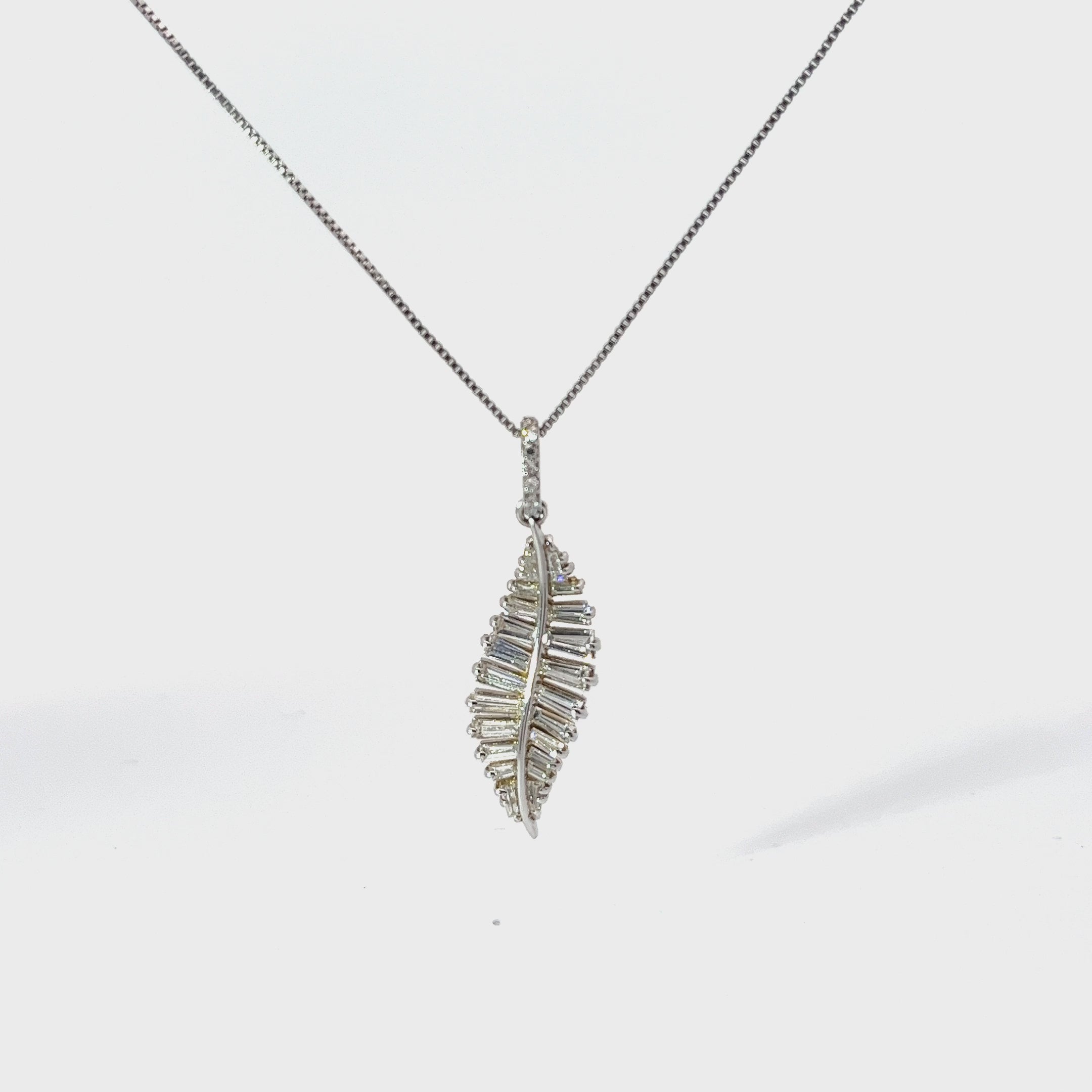 18k White Gold 1.84ct F VS2 Baguette Diamond Feather Necklace 20"inch