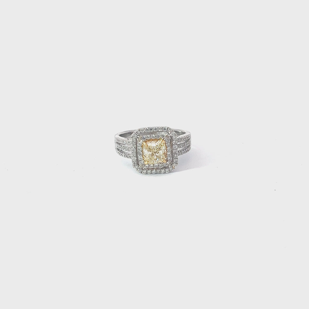 18k White Gold .96ct N SI1 Cushion Yellow Diamond and Halo Surround by .54ct G SI1 Round Diamond Engagement Ring