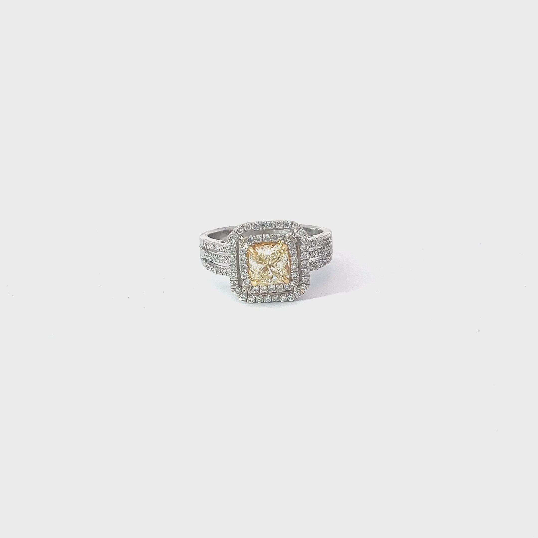 18k White Gold .96ct N SI1 Cushion Yellow Diamond and Halo Surround by .54ct G SI1 Round Diamond Engagement Ring