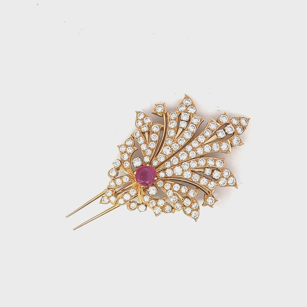 18k Yellow Gold 5.70ct E VS2 Round Diamond and .95ct Round Burma Ruby Brooch