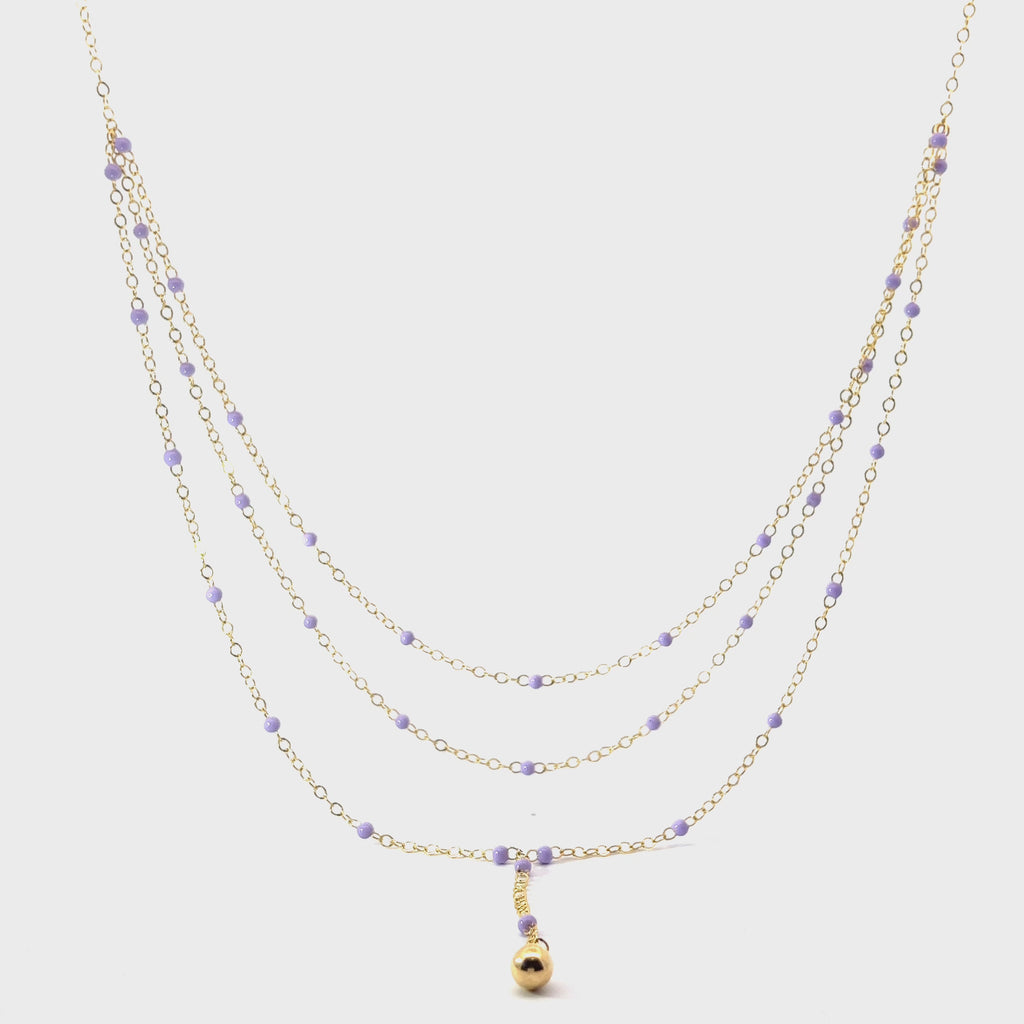 14k Yellow Gold Lilac Enamel (3) Strand Beaded Necklace 3.3 gram