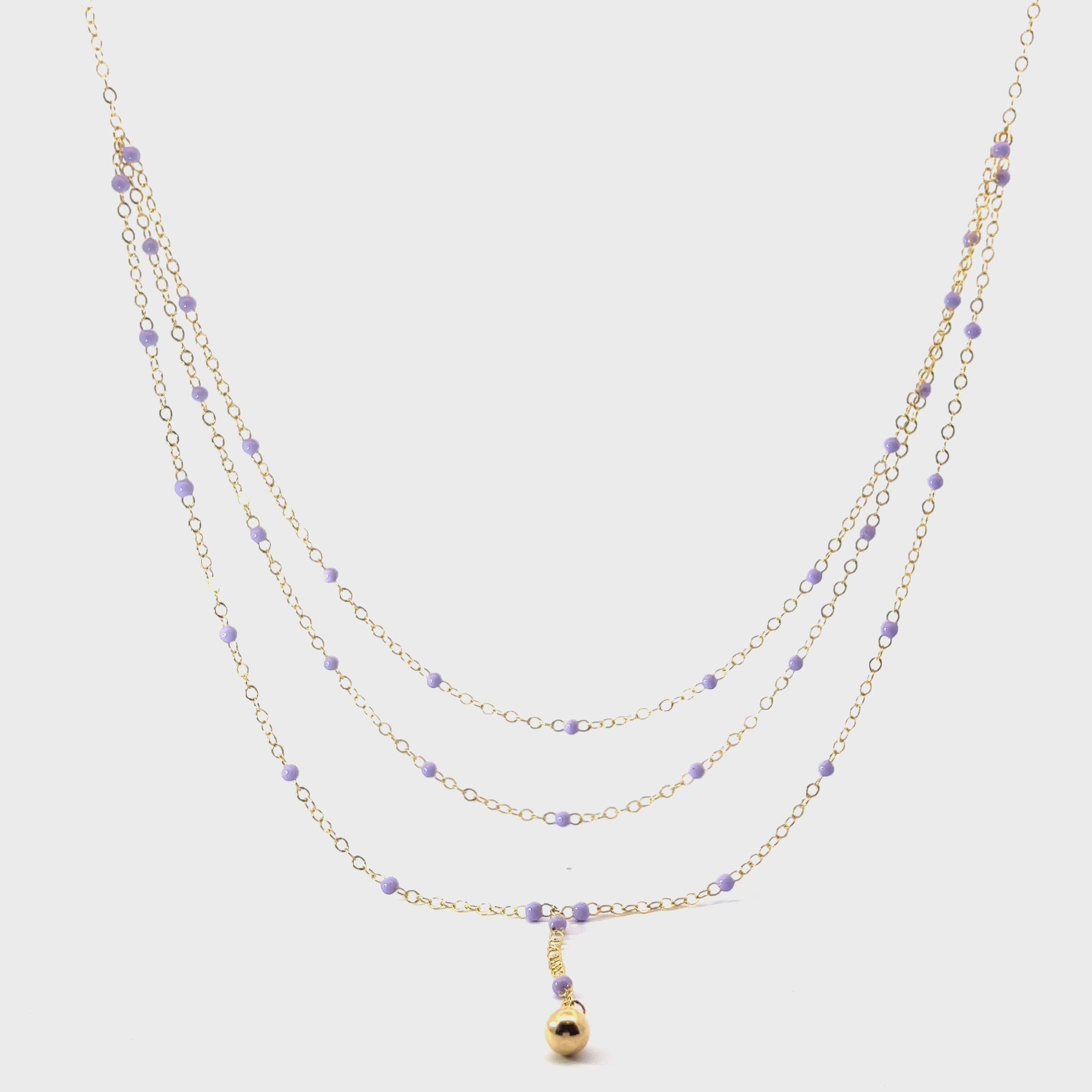 14k Yellow Gold Lilac Enamel (3) Strand Beaded Necklace 3.3 gram