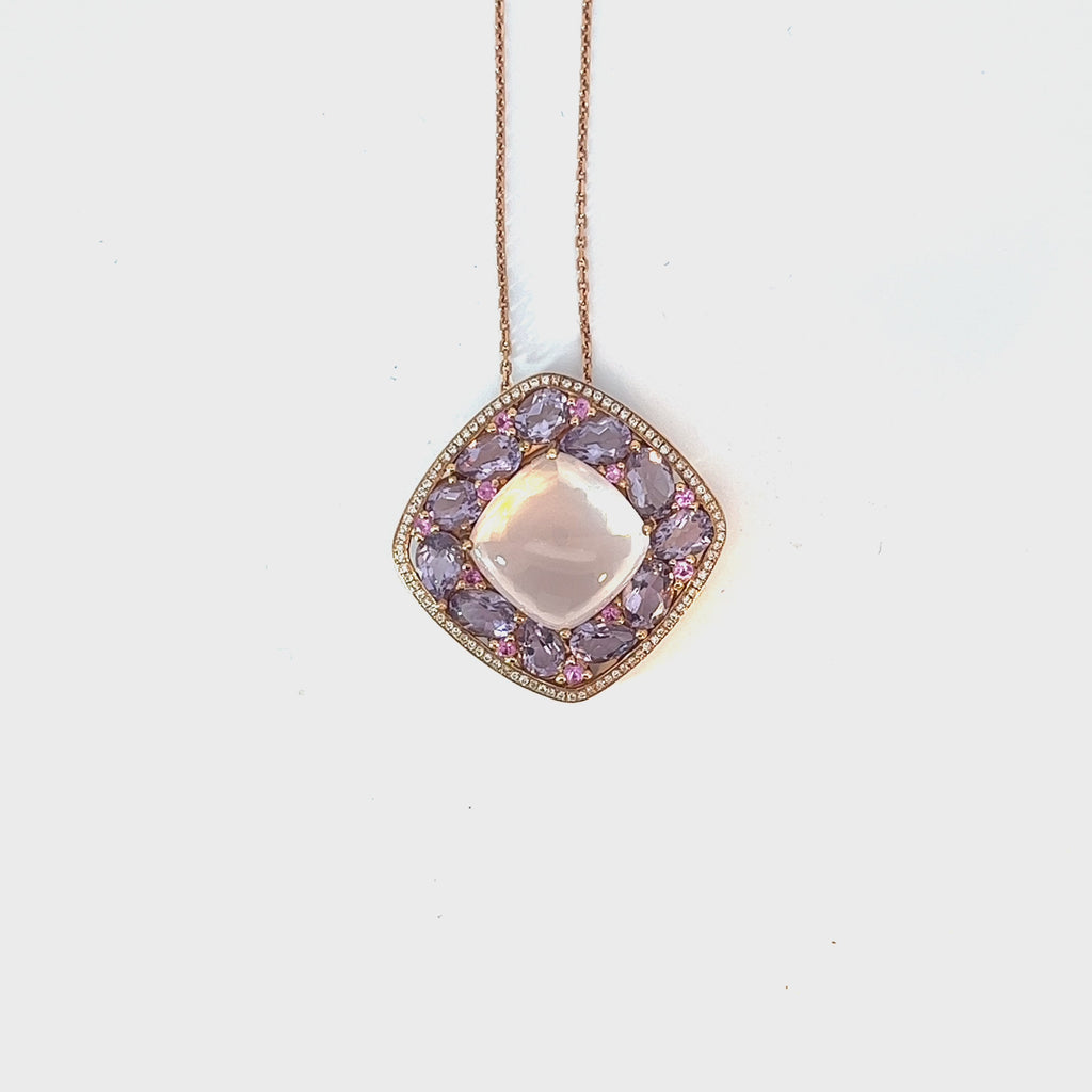 18k Rose Gold 4.00ct Purple Sapphire, .25ct Quartz Cabochon Cut  and .30ct F VS2 Round Diamond  Necklace