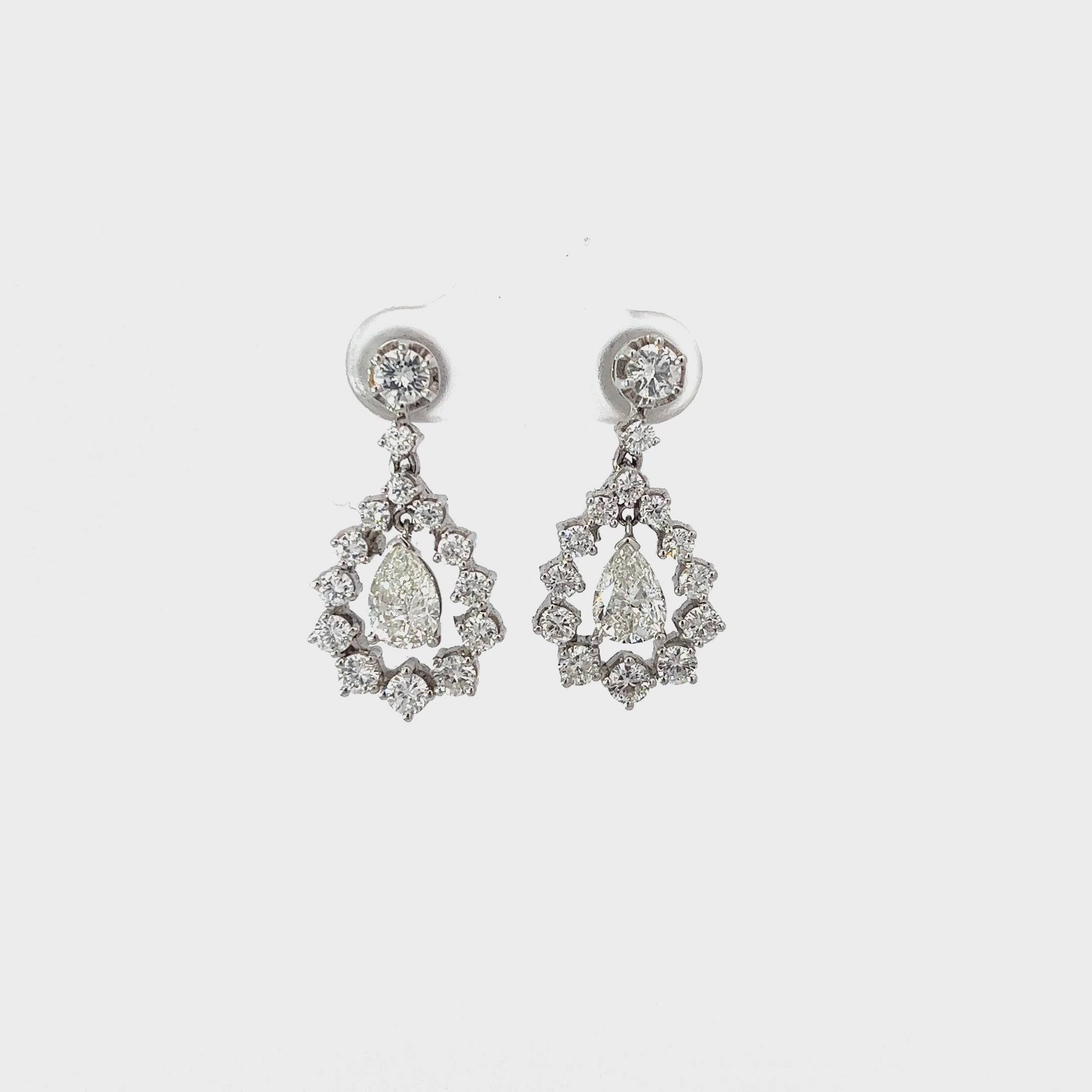18k White Gold 3.90ct F VS1 Pear Shape and Round  Diamond Drop Earrings