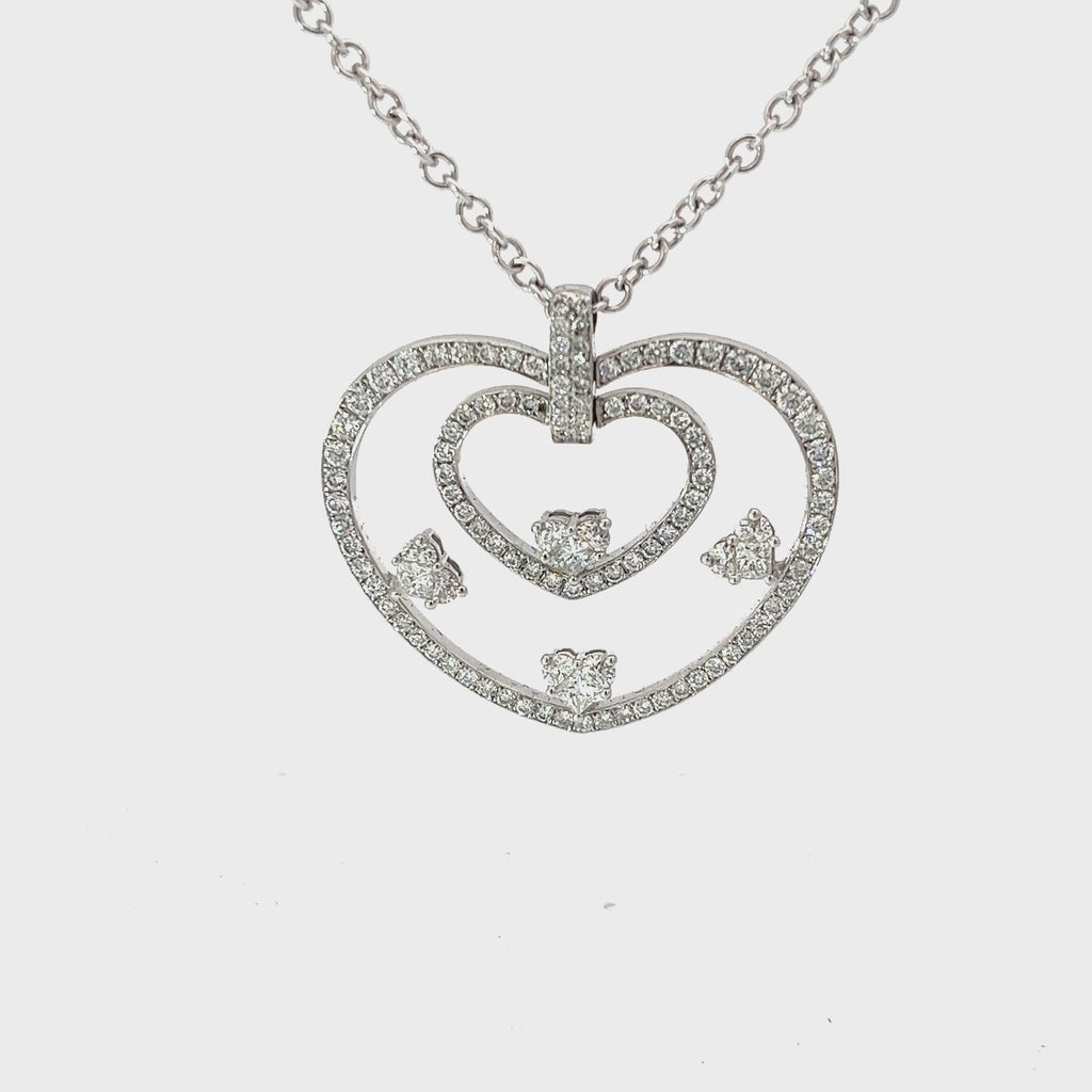 18K White Gold 2.00ct F VS2 Round and Princess Diamond Heart Necklace