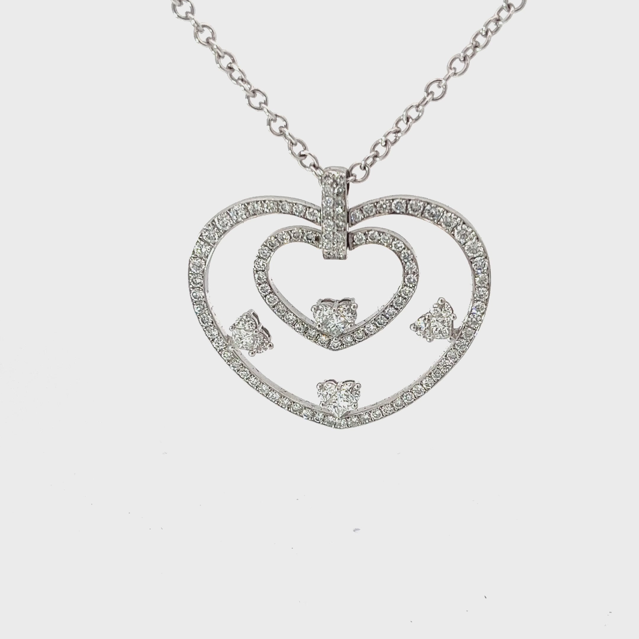 18K White Gold 2.00ct F VS2 Round and Princess Diamond Heart Necklace