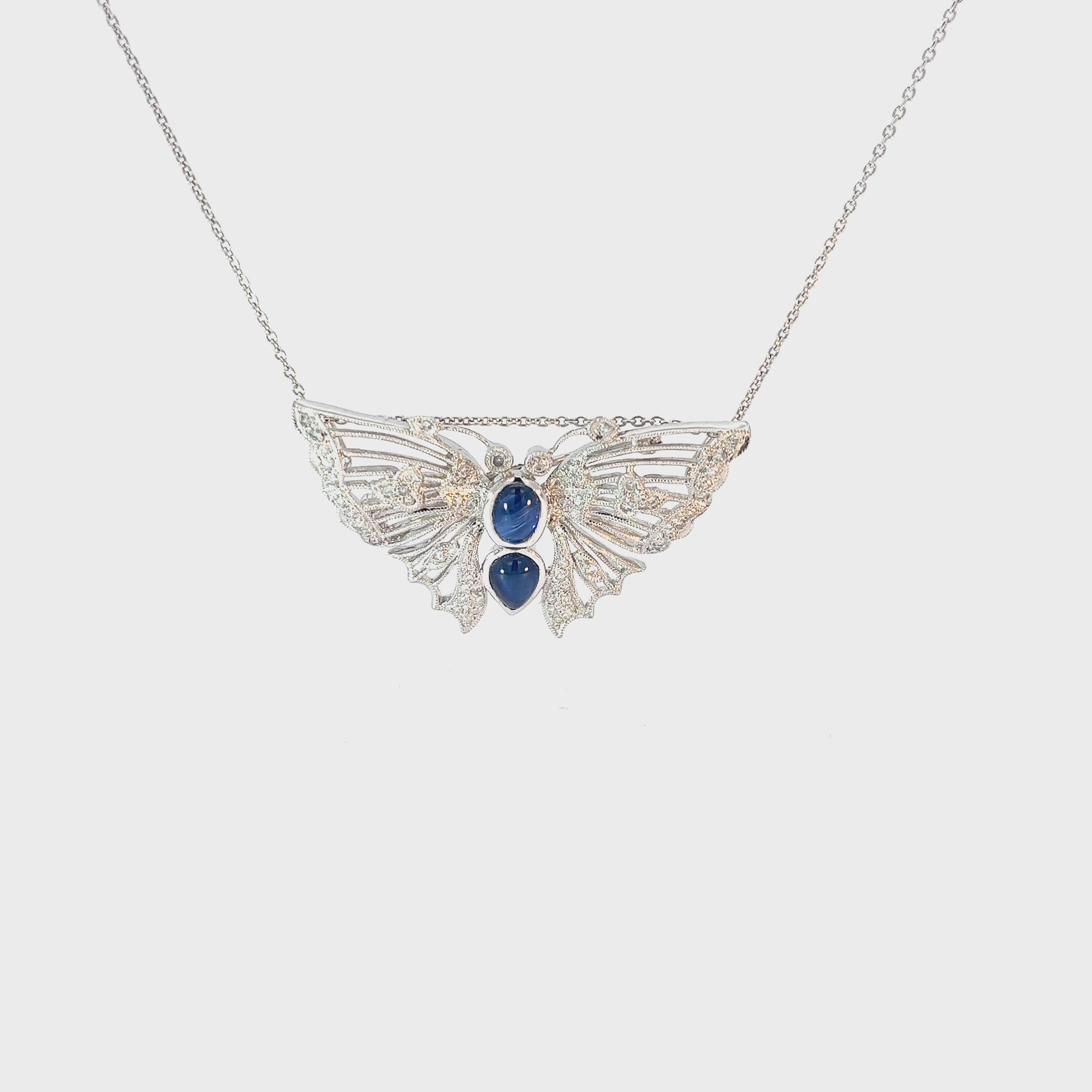 18k White Gold 1.50ct Cabochon Sapphire and .65ct G SI1 Round Diamond  Butterfly Brooch and Necklace