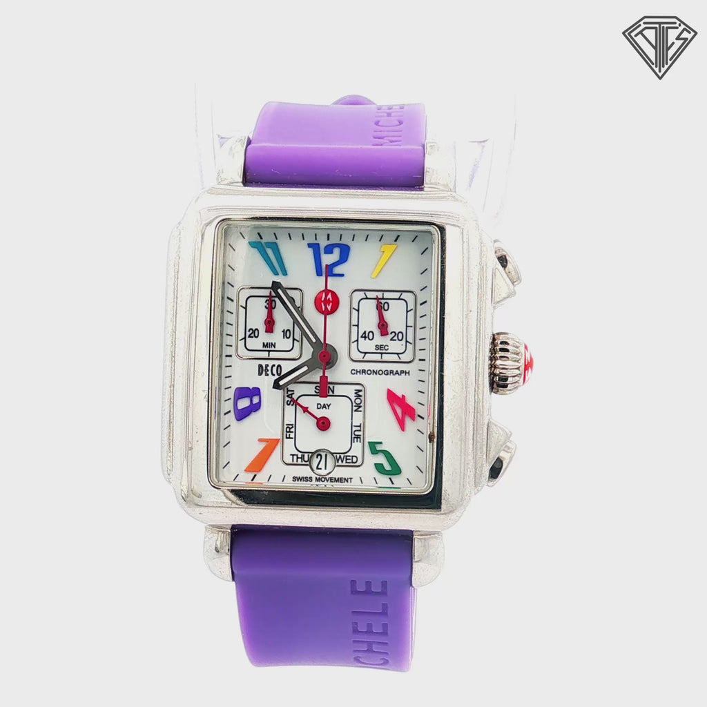 Pre-Loved Michele Deco Carousel Chronograph Arabic Numerals 33mm x 35mm White Enamel Dial Purple Silicone Strap Watch