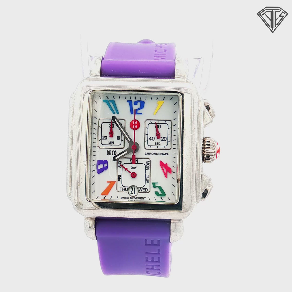 Pre-Loved Michele Deco Carousel Chronograph Arabic Numerals 33mm x 35mm White Enamel Dial Purple Silicone Strap Watch