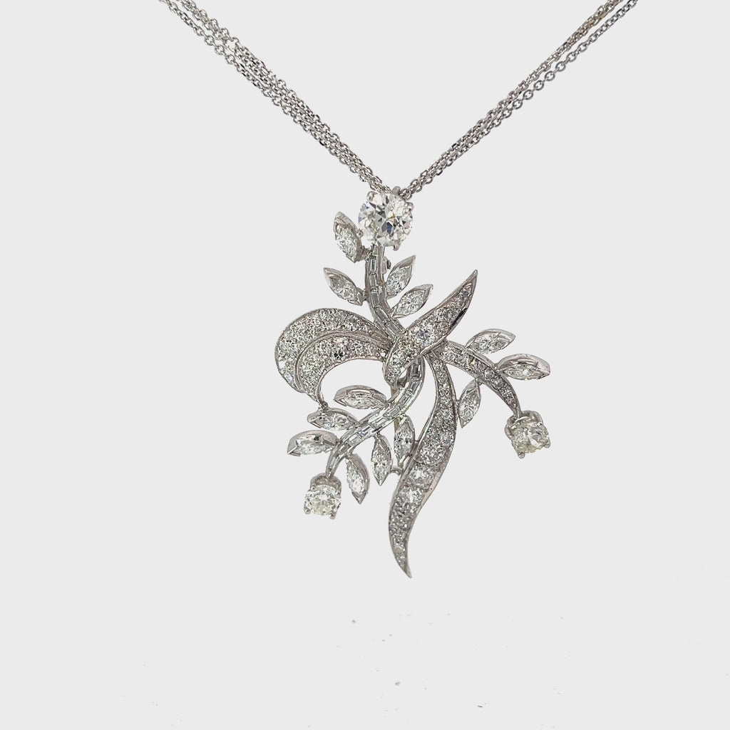 Platinum 1.25ct Old Mine Cut Round Center Diamond and 3.00ct Total Weight Diamond of Marquise, Round Vintage Brooch Necklace