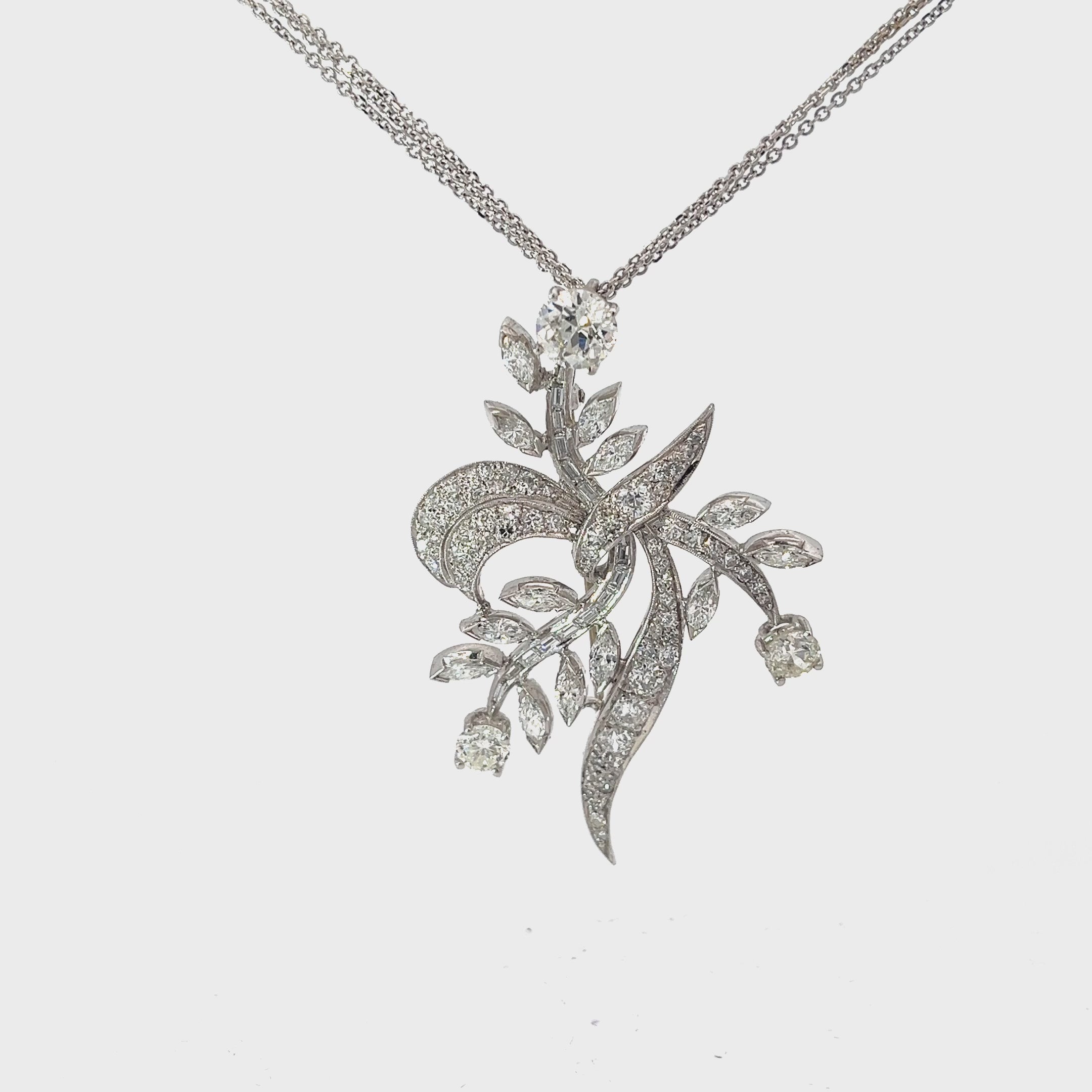 Platinum 1.25ct Old Mine Cut Round Center Diamond and 3.00ct Total Weight Diamond of Marquise, Round Vintage Brooch Necklace