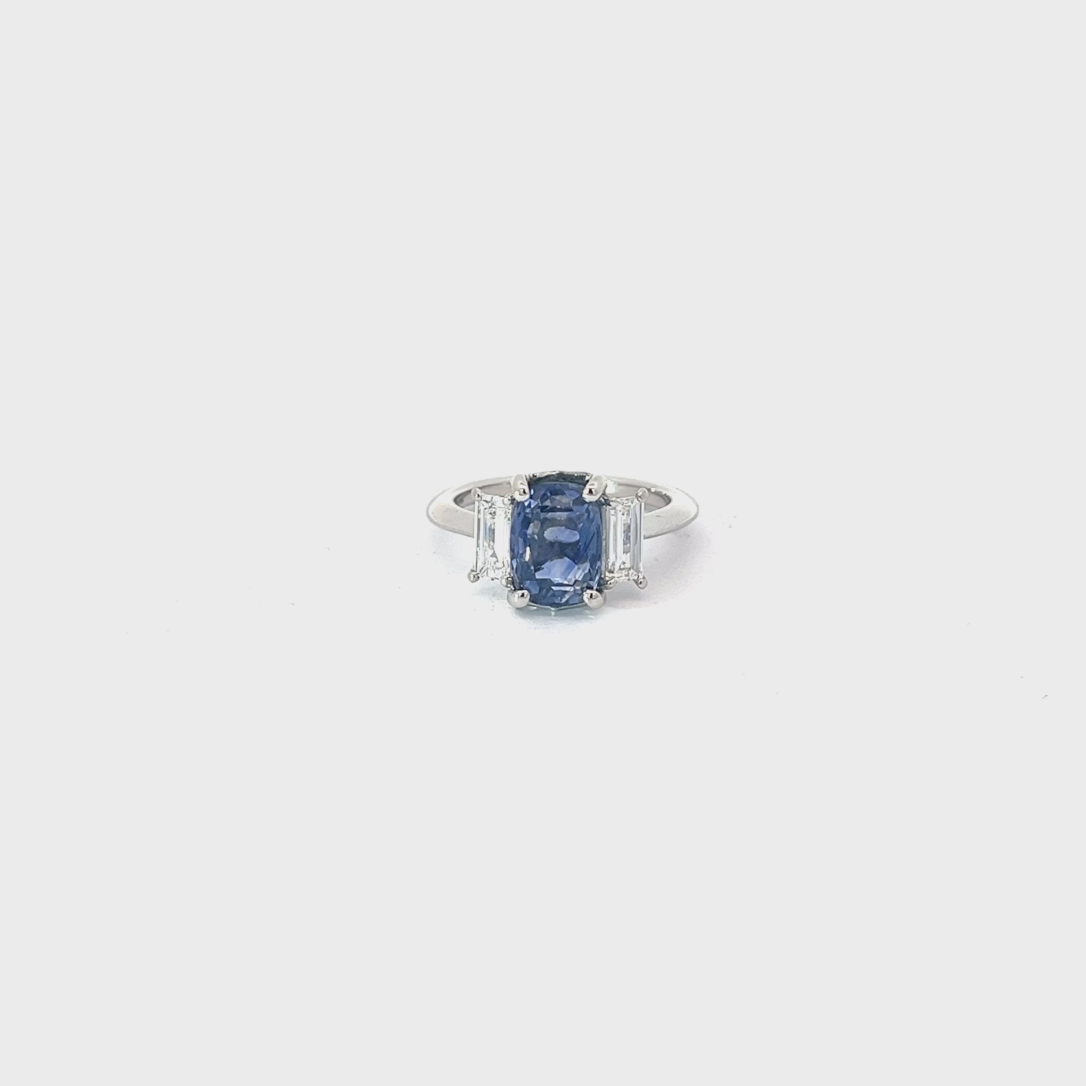 Platinum 3.33ct Cushion Blue Sapphire and along the side .80ct F VS2 Baguette Diamond Ring Certified by GIA #5231323789