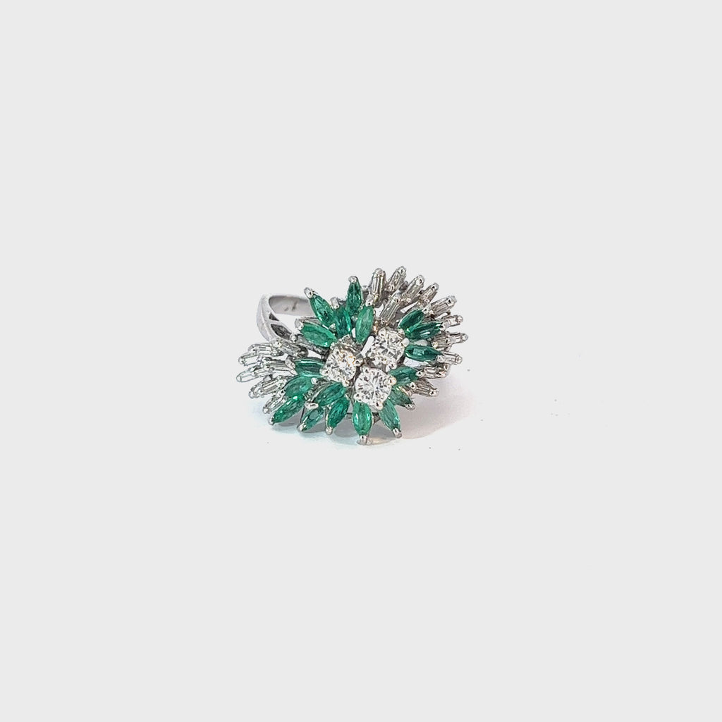 18k White Gold 1.15ct Marquise Emerald and 1.25ct F VS2  Round and Baguette Diamond Vintage Ring