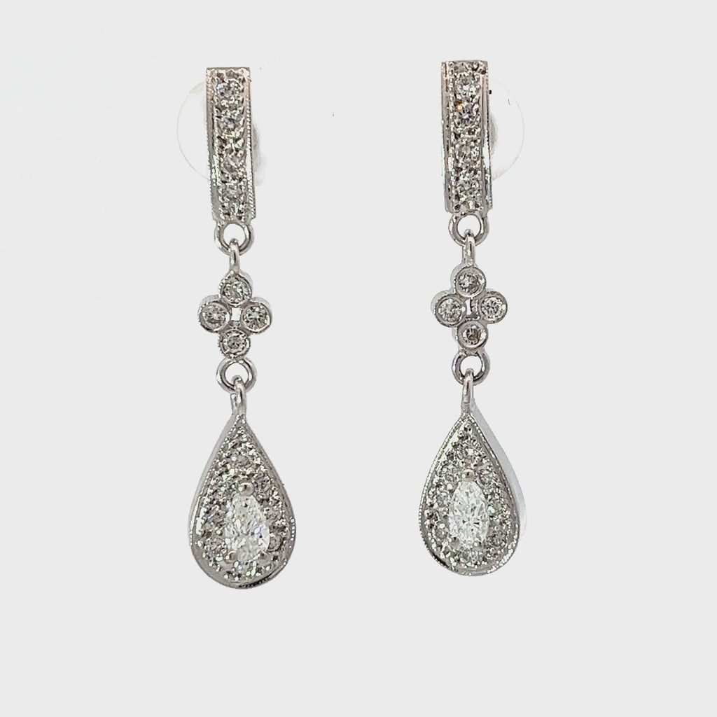 14k White Gold 1.00ct F VS2 Round and Pear Shaped Diamond Total Weight Drop Earrings