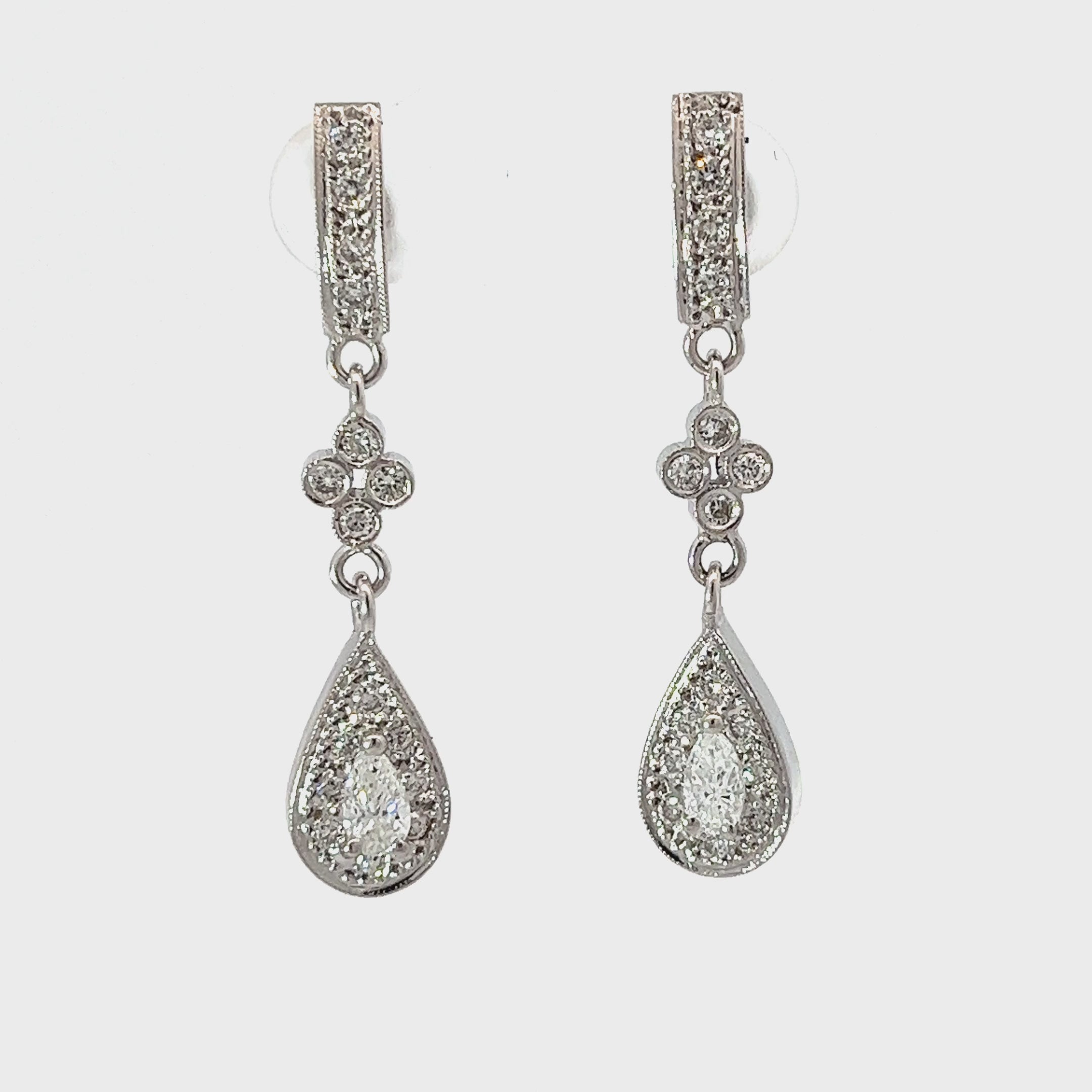 14k White Gold 1.00ct F VS2 Round and Pear Shaped Diamond Total Weight Drop Earrings