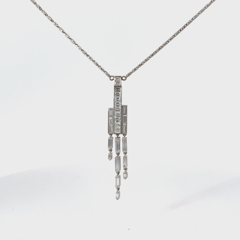 14k White Gold 1.92ct E VVS2 Baguette and Emerald Shaped Diamond Waterfall Necklace
