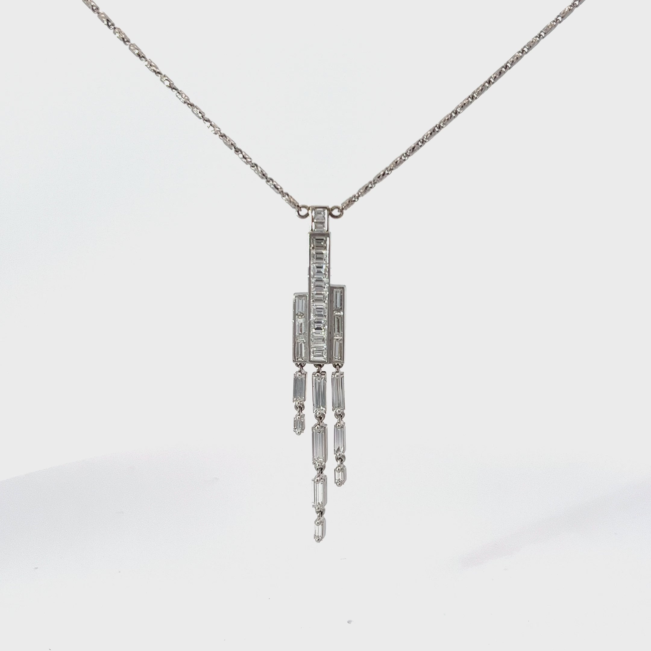 14k White Gold 1.92ct E VVS2 Baguette and Emerald Shaped Diamond Waterfall Necklace