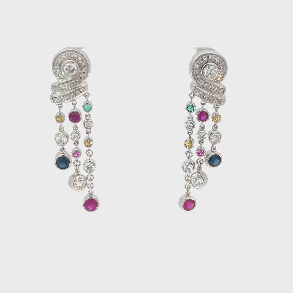18k White Gold 2.00ct F VS2 Round Diamond / 2.30ct Round Multi-Colored Red, Green, Yellow, Pink Sapphire and Ruby Di Modolo Dangle Earrings