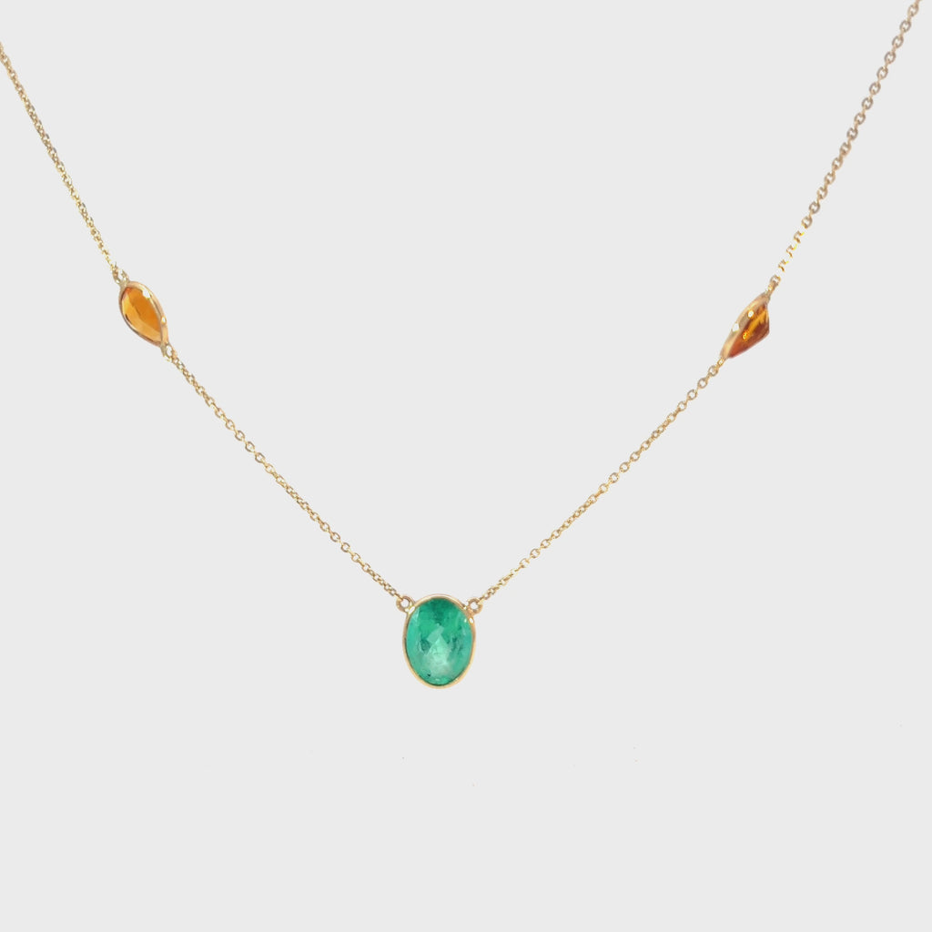 14KY 2CT OVAL COLOMBIAN EMERALD /3.70CT PEAR SHAPE CITRINE NECKLACE