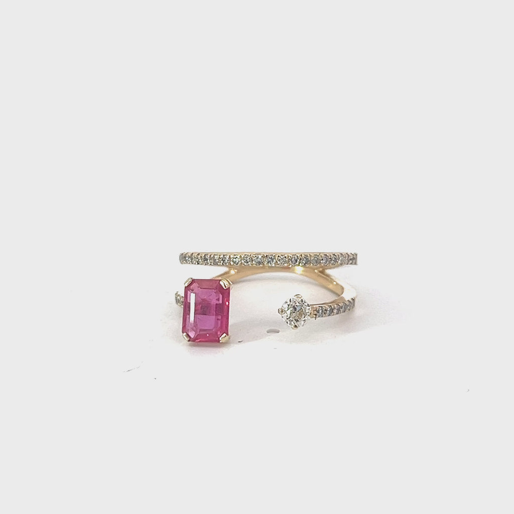 14k Yellow Gold .90ct Emerald Cut Burma Ruby /.38ct H VS2 Round Diamond Toi et Moi Ring