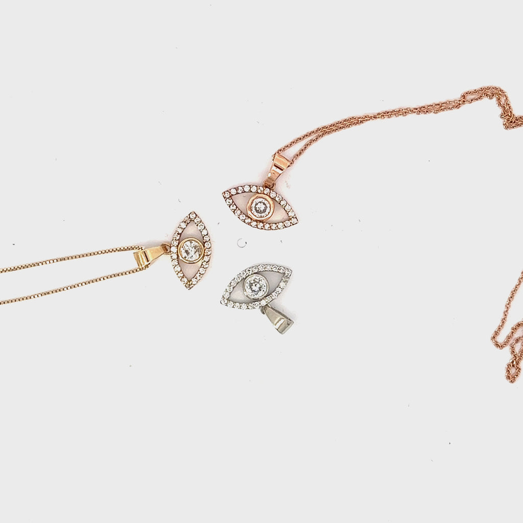 14k Yellow, White and Rose Gold .22ct G SI1 Round Diamond and .15ct Center Evil Eye Necklace