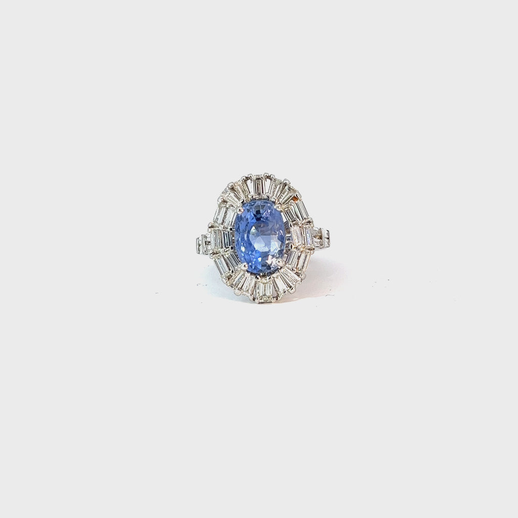 18k White Gold 7.01 Blue Sapphire Cushion and surround by 2.36ct  G VS2 Baguette  Diamond Ring Certified by GIA #2225948075