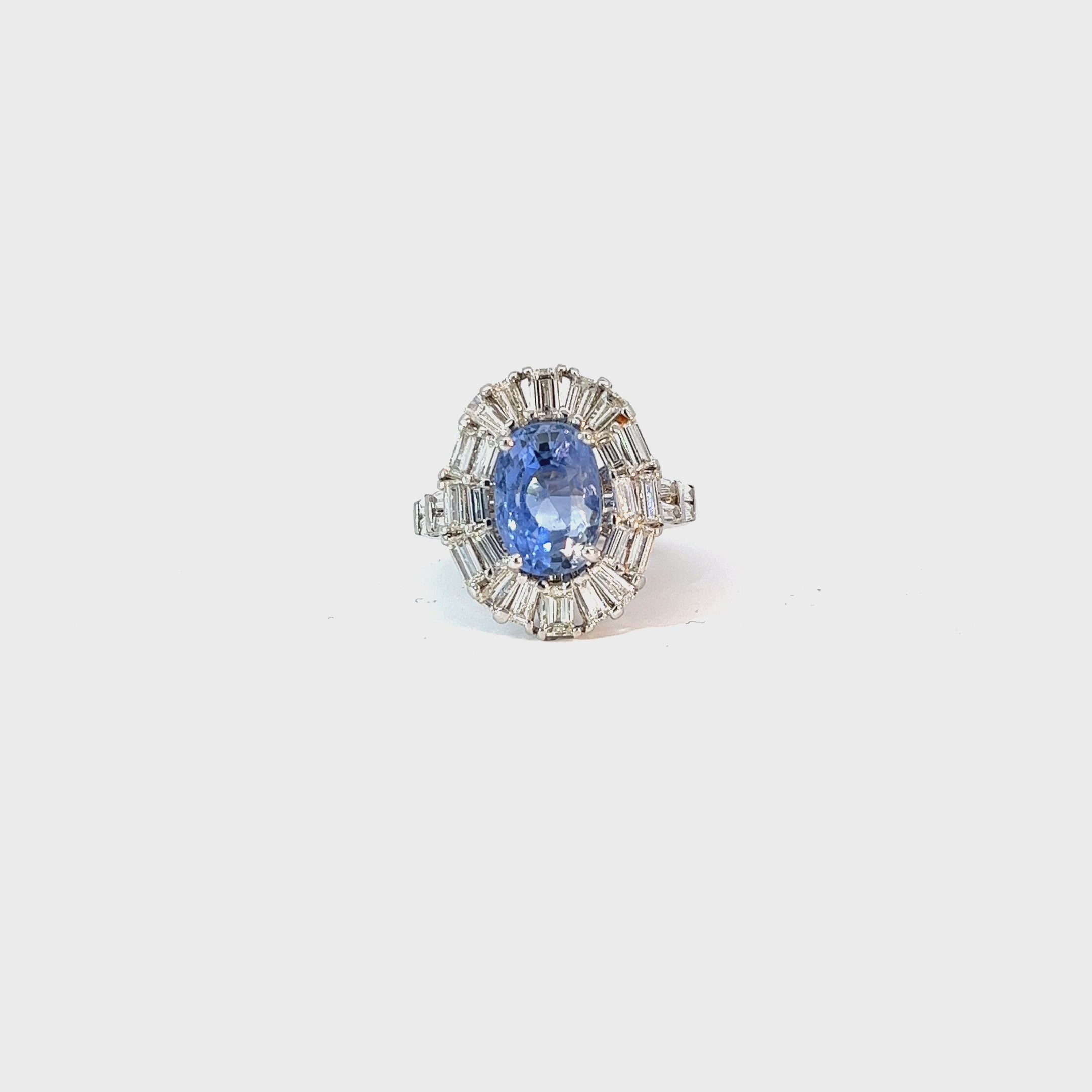18k White Gold 7.01 Blue Sapphire Cushion and surround by 2.36ct  G VS2 Baguette  Diamond Ring Certified by GIA #2225948075