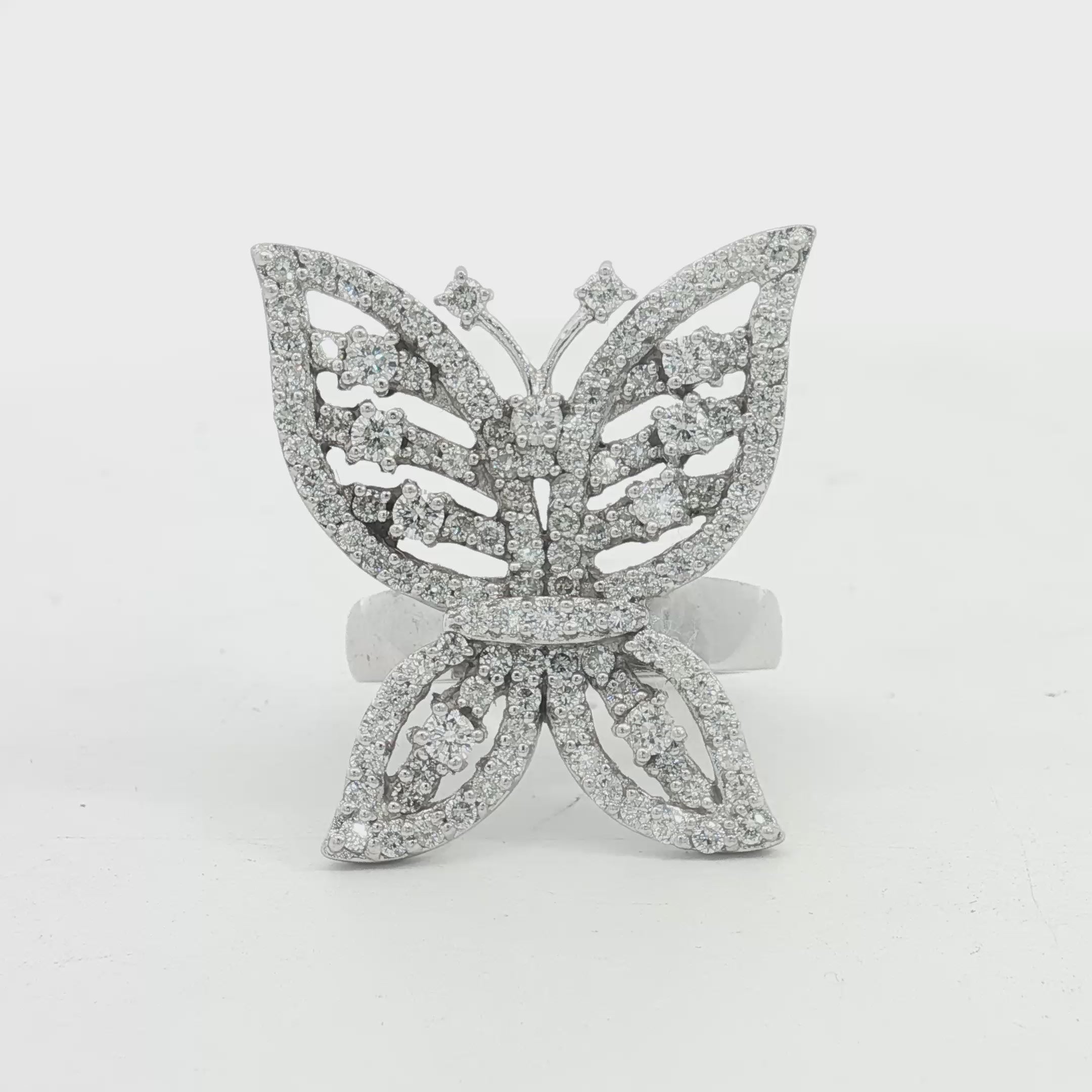 14k White Gold 2.15ct F VS2 Round Diamond Large Butterfly Ring 5/8" x 1" inch Size 6 1/2