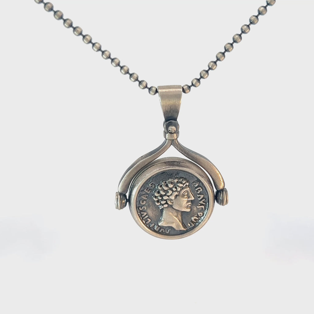 Sterling Silver 19.9 gram Beaded Necklace / One side Coin and the side Blue Enamel Pendant