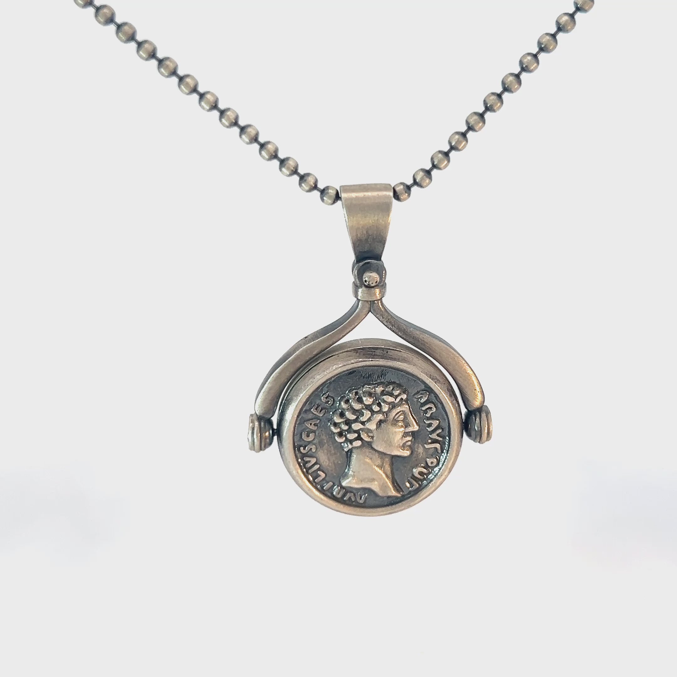Sterling Silver 19.9 gram Beaded Necklace / One side Coin and the side Blue Enamel Pendant