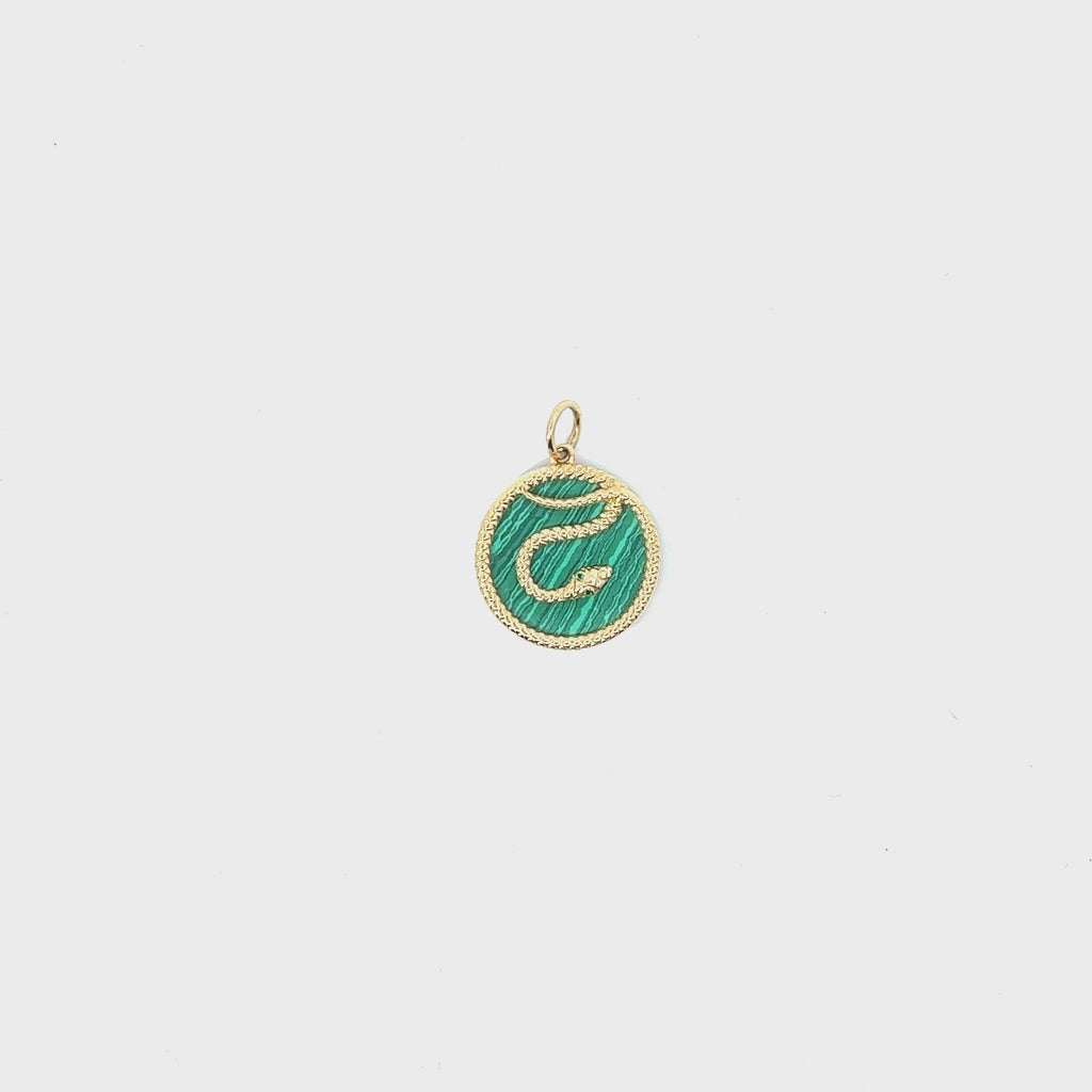 14k Yellow Gold  Malachite and TSA Snake Pendant 20mm 3.7 gram