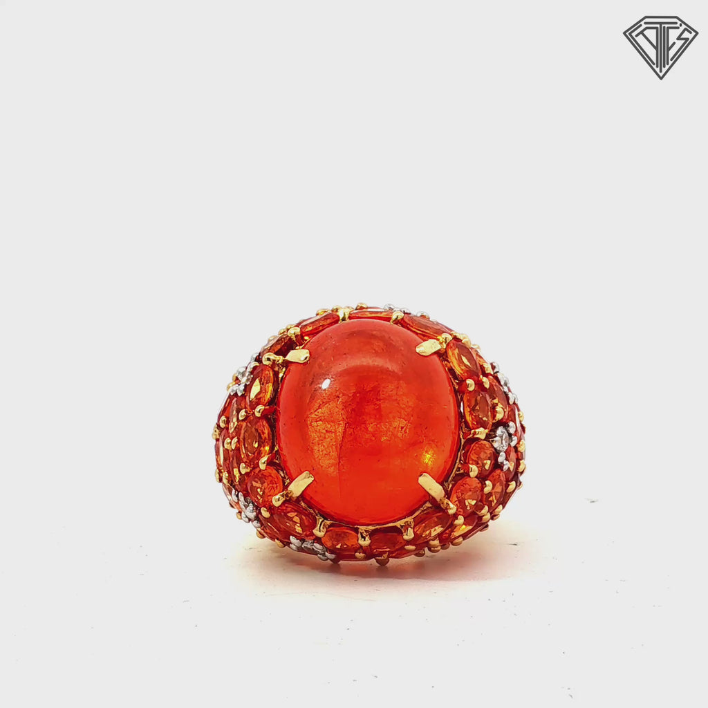 18k Yellow Gold Cabochon Mexican Opal Approx. 20.00ct 18x 15  /accented by Approx. 10.00ct 6x4 in Orange Sapphire /.24ct G VS2 Round Diamond Ring 26 gram  Size 7