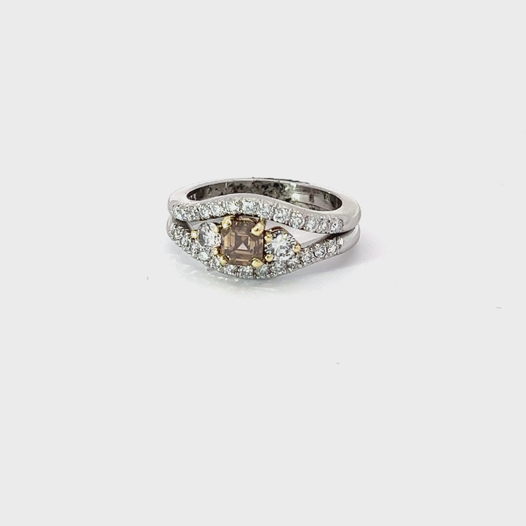 18k white Gold .70ct  Natural Fancy Dark Orange Brown  Cushion Shape Diamond and .75ct F VS1 / G VS2 Round Diamond along Engagement Ring  Certified By GIA #1206068551 Size 6 1/4