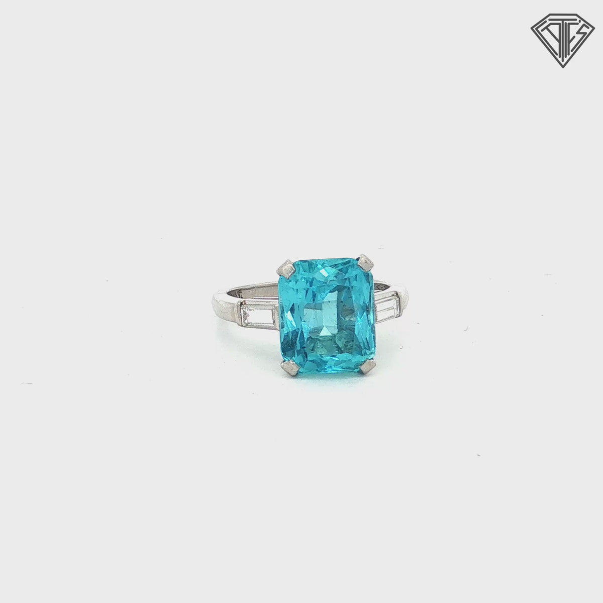 Platinum 4.17ct Octagonal Aquamarine / .25ct  E / F VS1 (2) Banquette Diamond Ring  Size 5  Certificated By GIA #5241083159