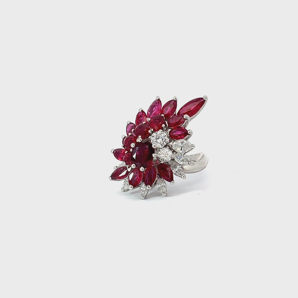 Platinum 5.00ct Marquise Burma Ruby and 1.20ct F VS2 Round Diamond Vintage Ring