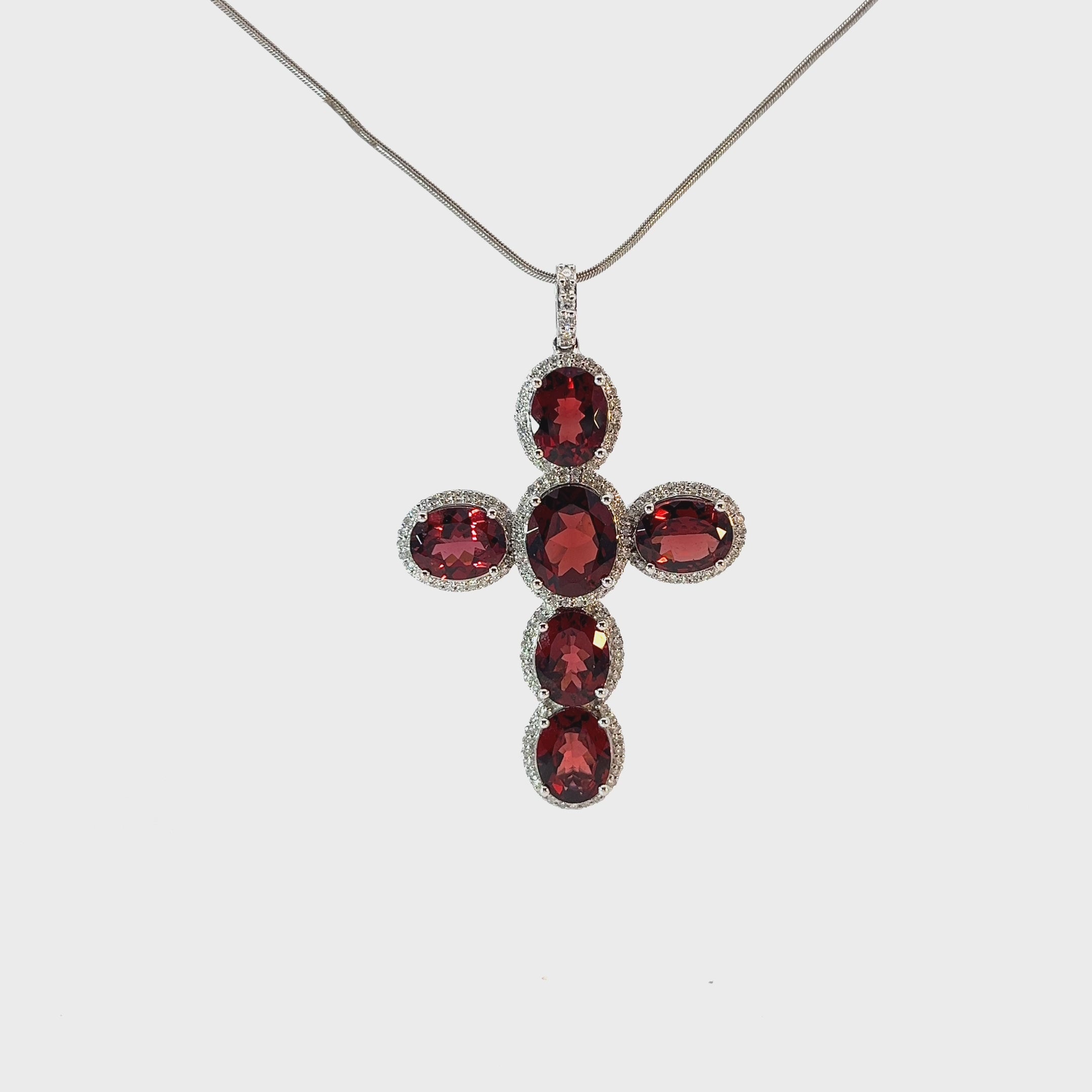 18k White Gold 9.00ct Garnet and 1.00ct G VS1 Round Diamond Cross Necklace